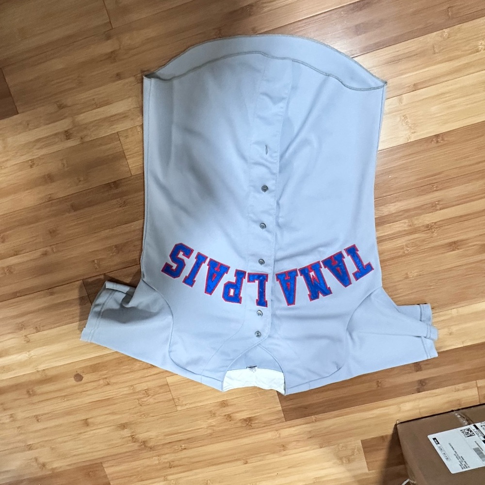 Gray Baseball Jersey with Blue and Red Lettering